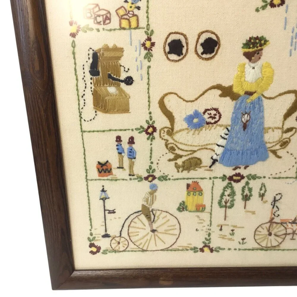 Vtg Finished Framed Crewel Embroidery Spinnerin Nostalgia 326 Elaine Thompson